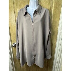 Vintage Carmel Zhao Taupe Double Zip Long Sleeve Shirt Jacket Lg Mandarin Style